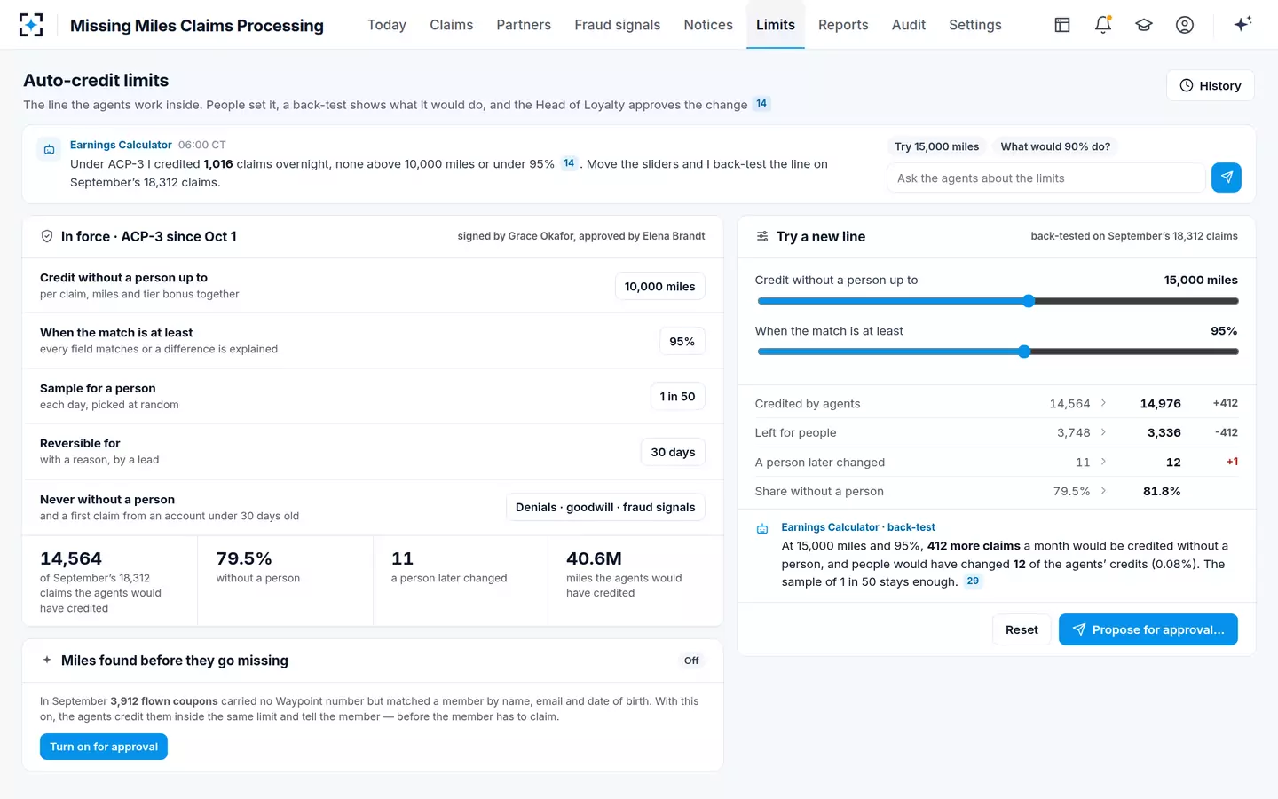 Missing Miles Claims Processing — Auto-credit limits