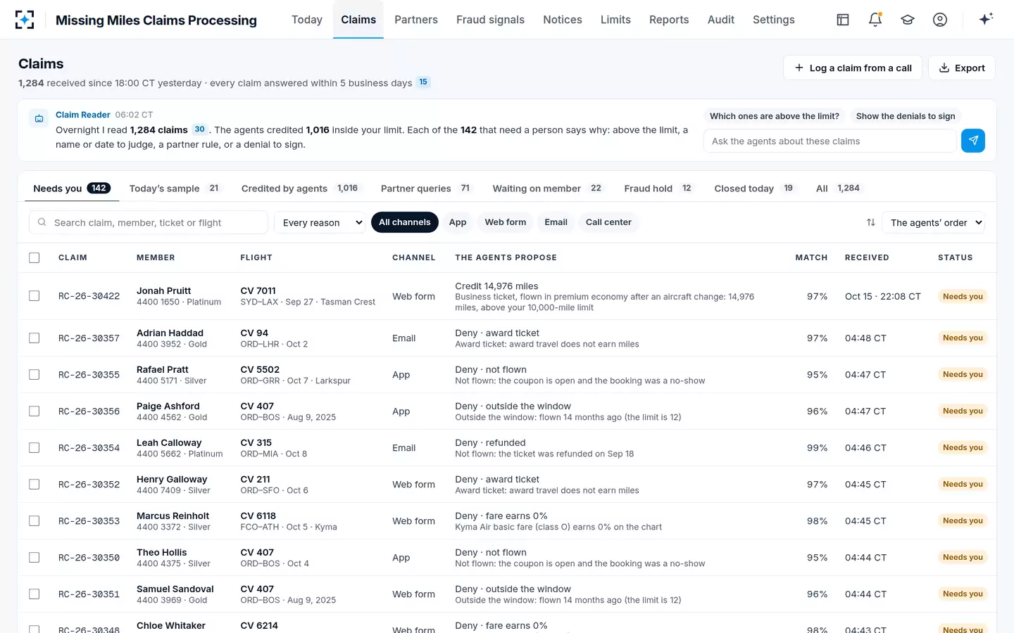 Missing Miles Claims Processing — The claims queue