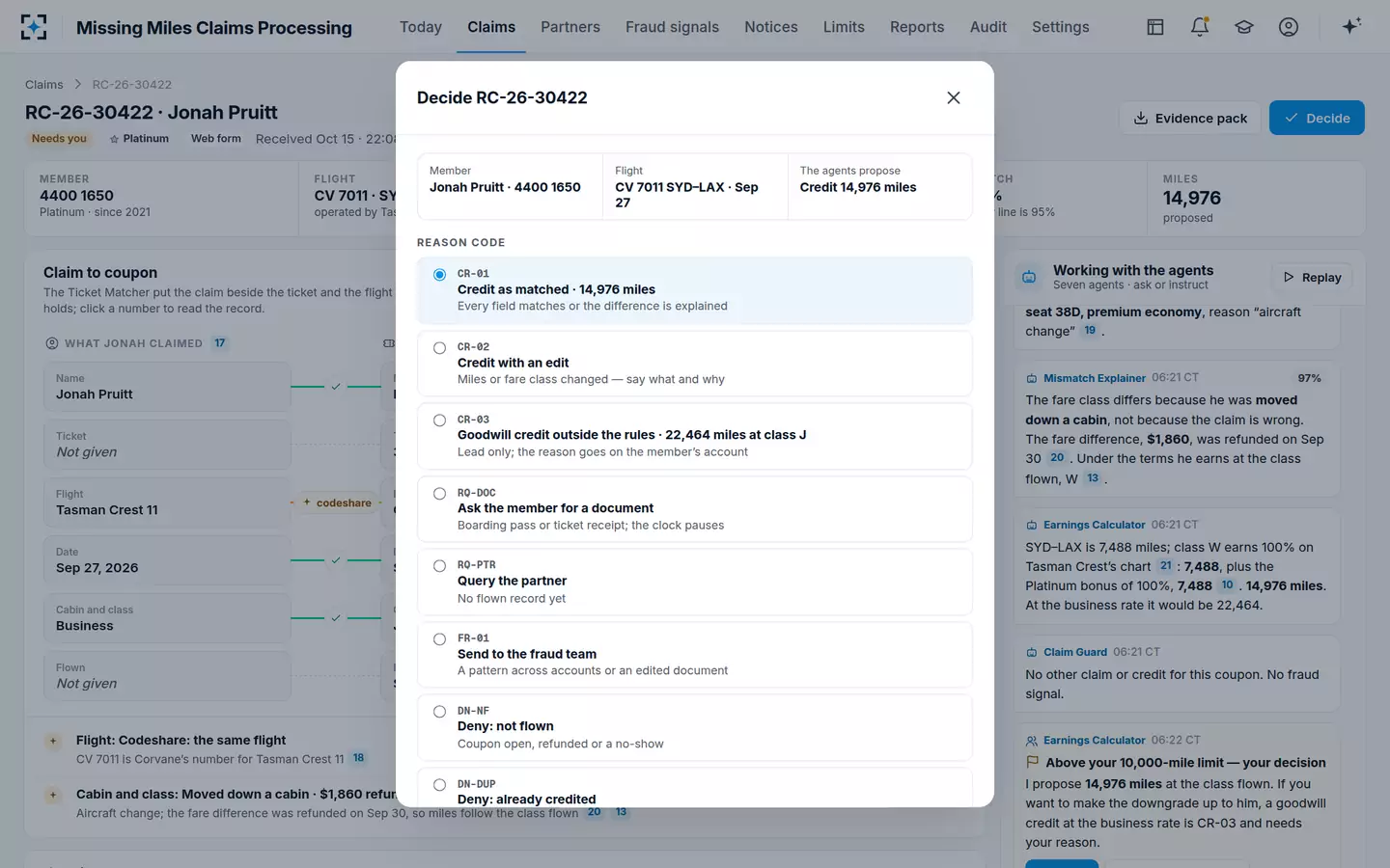 Missing Miles Claims Processing — Decide with a reason code