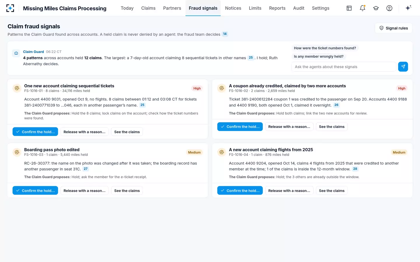 Missing Miles Claims Processing — Claim fraud signals