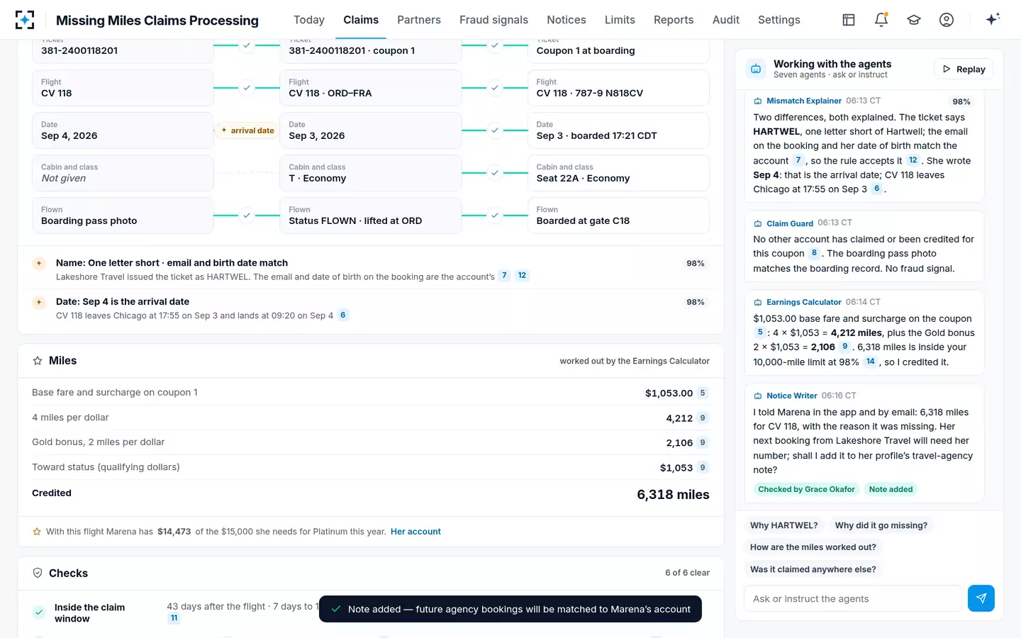 Missing Miles Claims Processing — Miles and checks