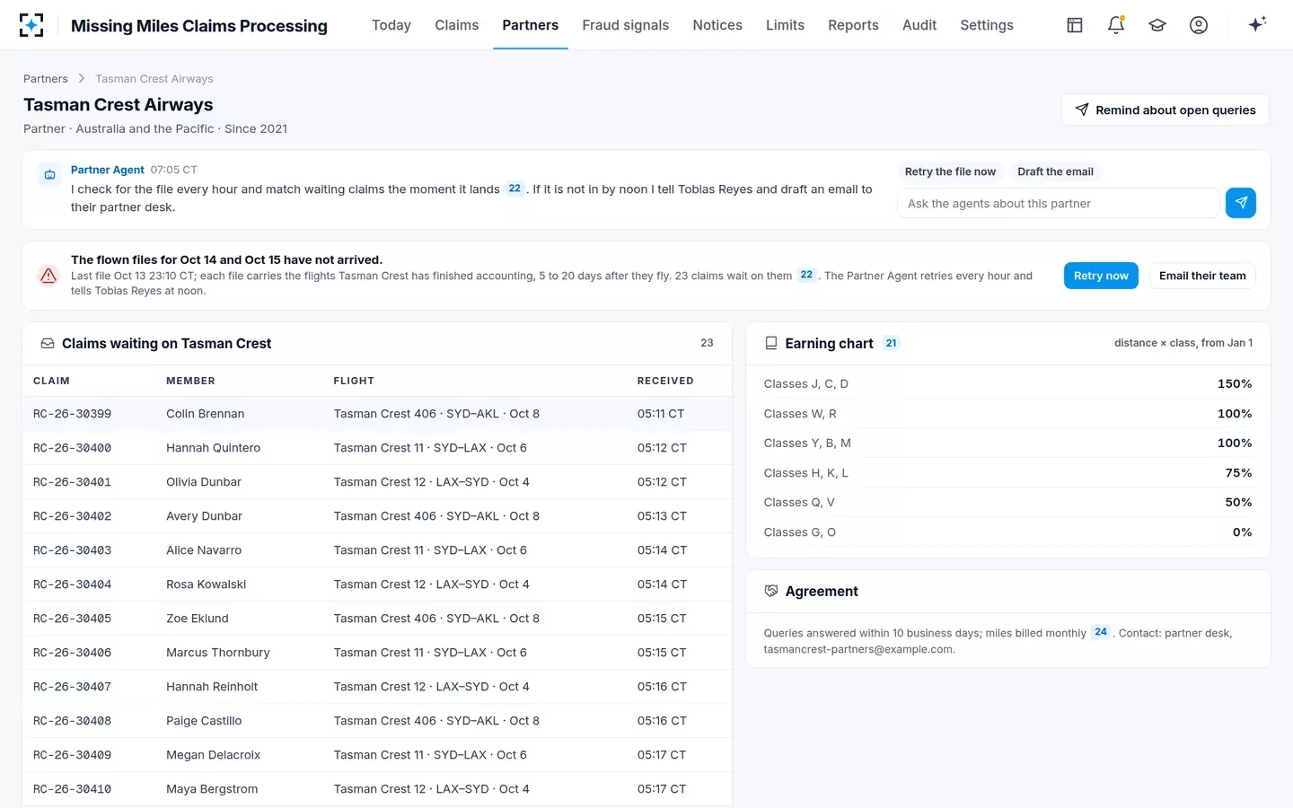 Missing Miles Claims Processing — A late partner flown file