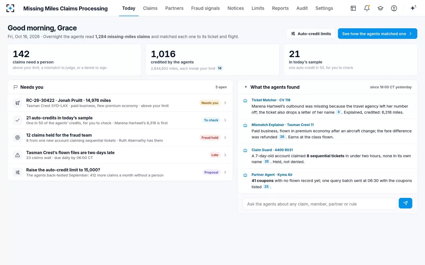 Missing Miles Claims Processing — Today