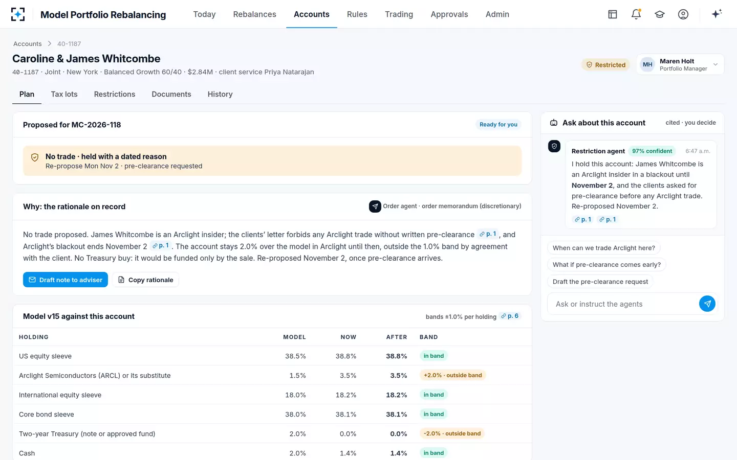 Model Portfolio Rebalancing — One account and its rationale