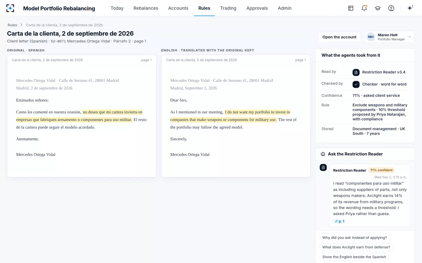 Model Portfolio Rebalancing — A letter in the client's language