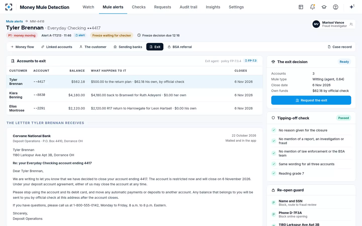 Money Mule Detection — Exit with a neutral letter that gives no reason and tips no one off