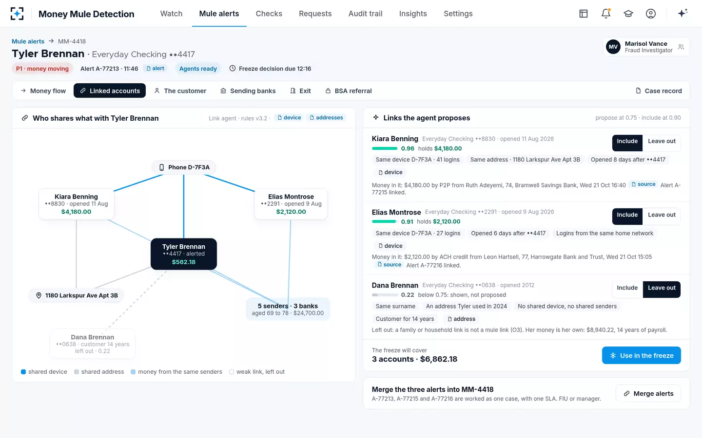 Money Mule Detection — Mule account detection across the network: two more accounts on the same phone