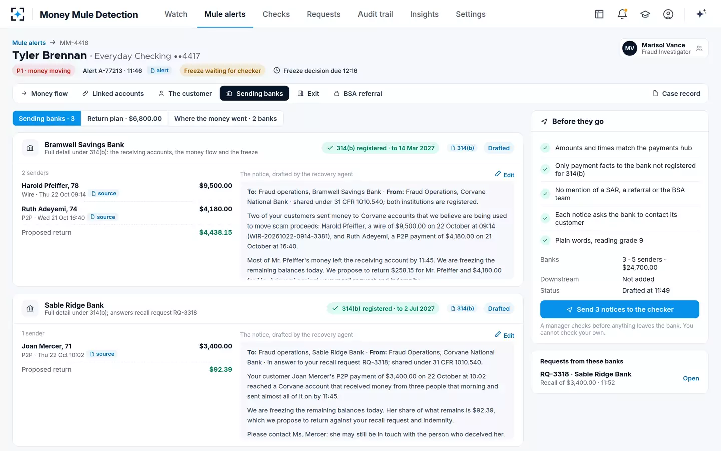 Money Mule Detection — A fraud notice to every sending bank, with what each bank may be told