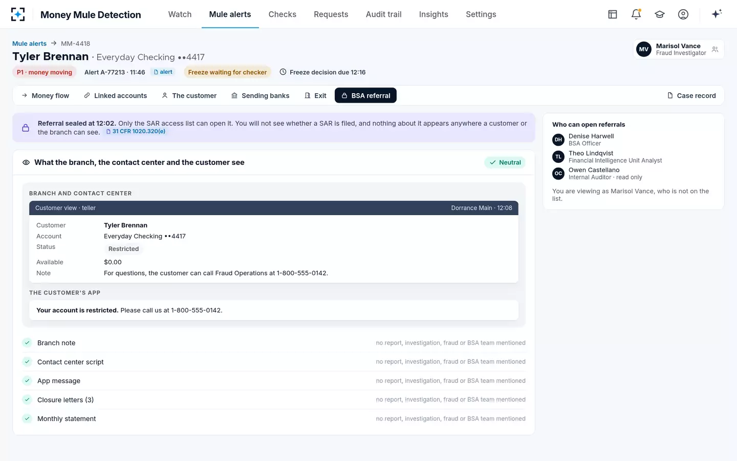 Money Mule Detection — A money mule SAR referral sealed for the BSA team; the branch sees only "Restricted"