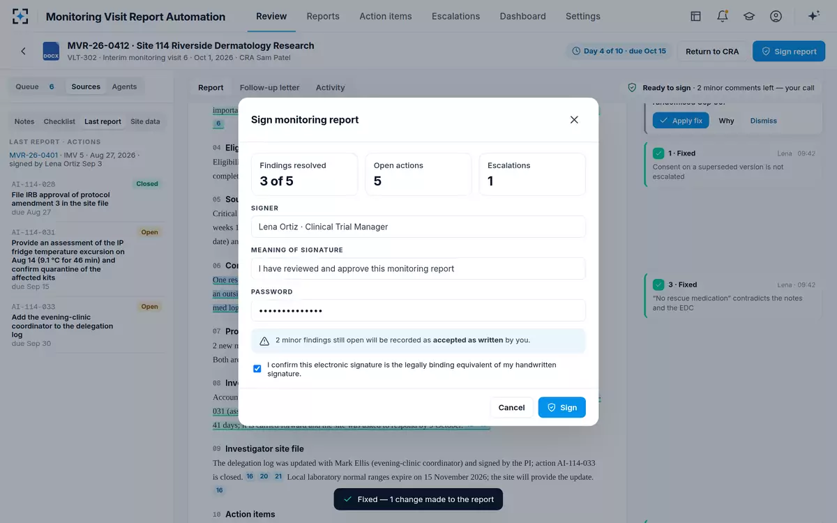 Monitoring Visit Report Automation — Sign the report
