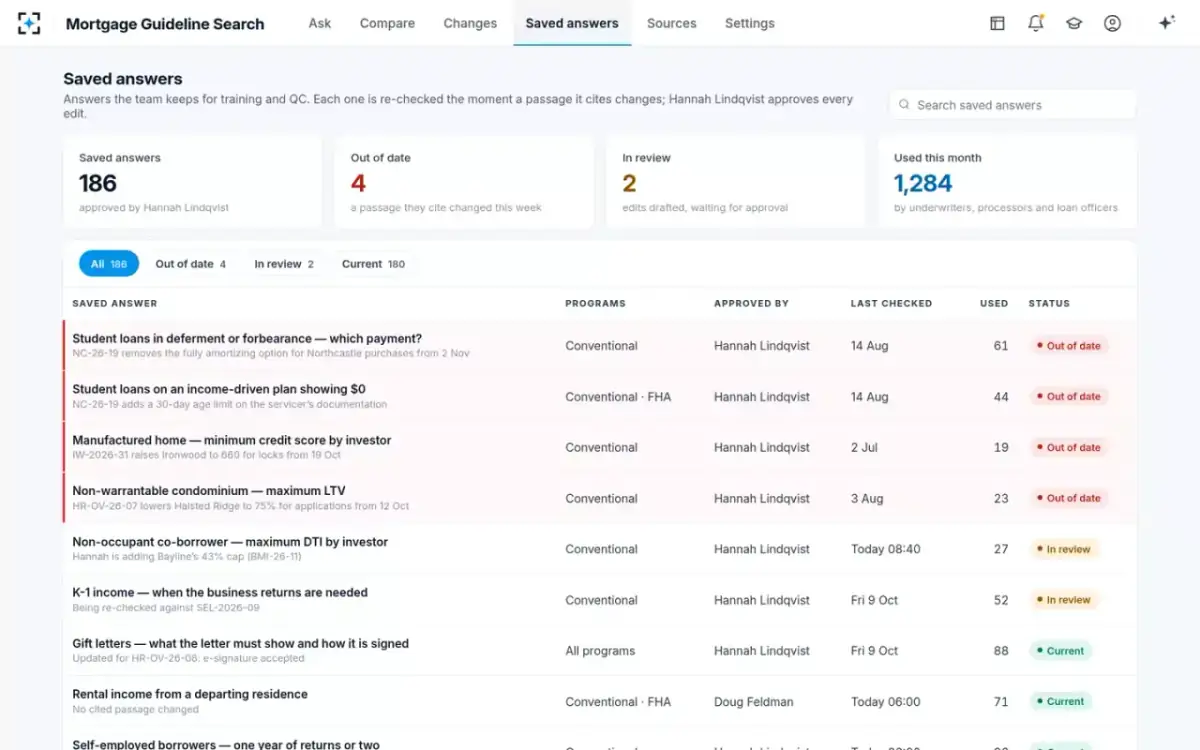 Mortgage Guideline Search — Saved answers