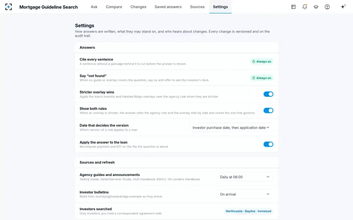 Mortgage Guideline Search — Settings