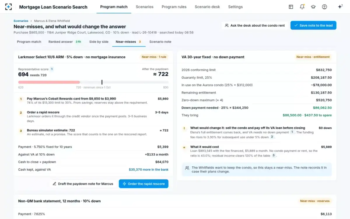 Mortgage Loan Scenario Search — Near-misses