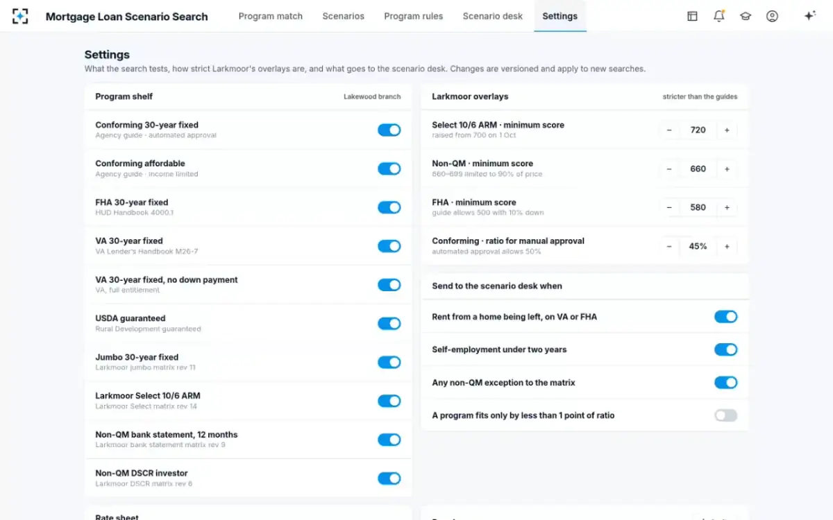 Mortgage Loan Scenario Search — Shelf and overlays