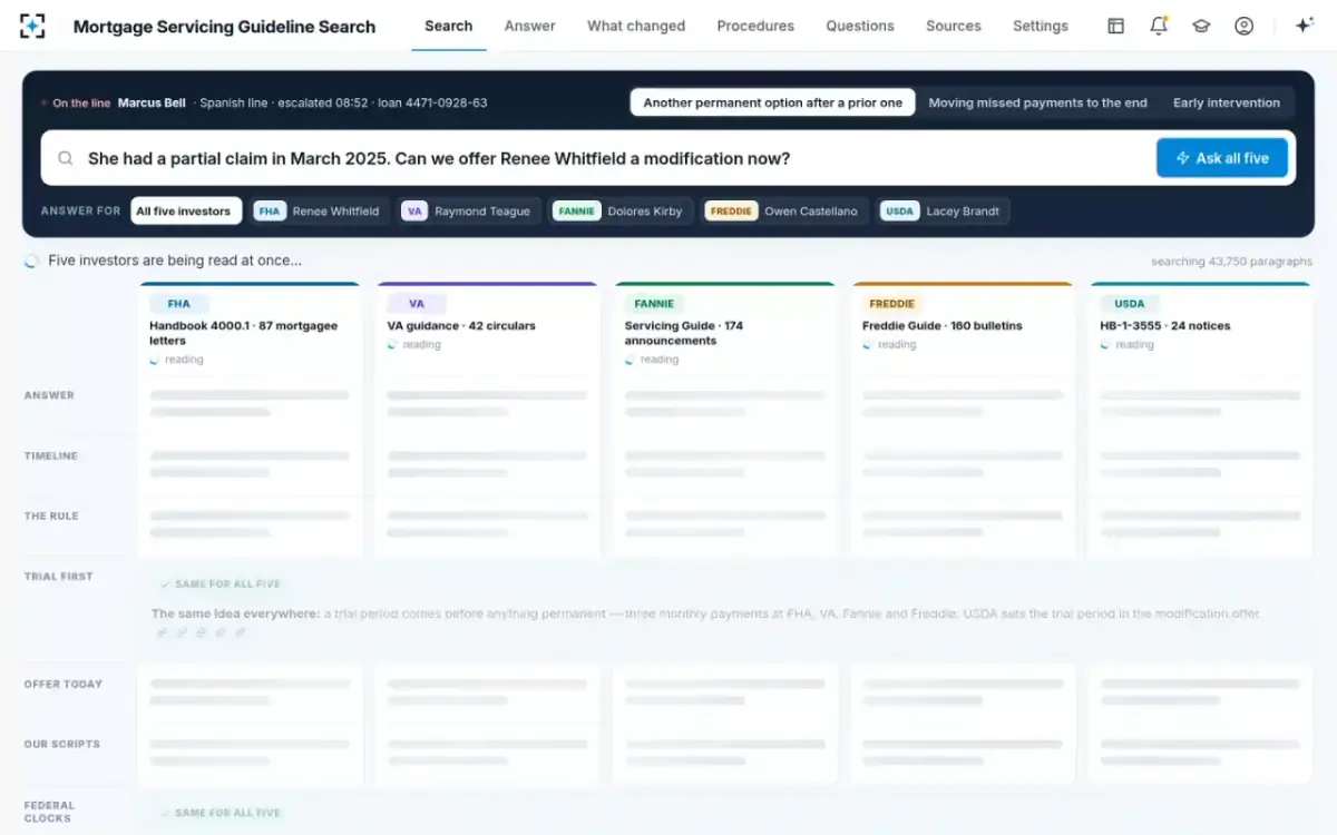 Mortgage Servicing Guideline Search — Ask all five