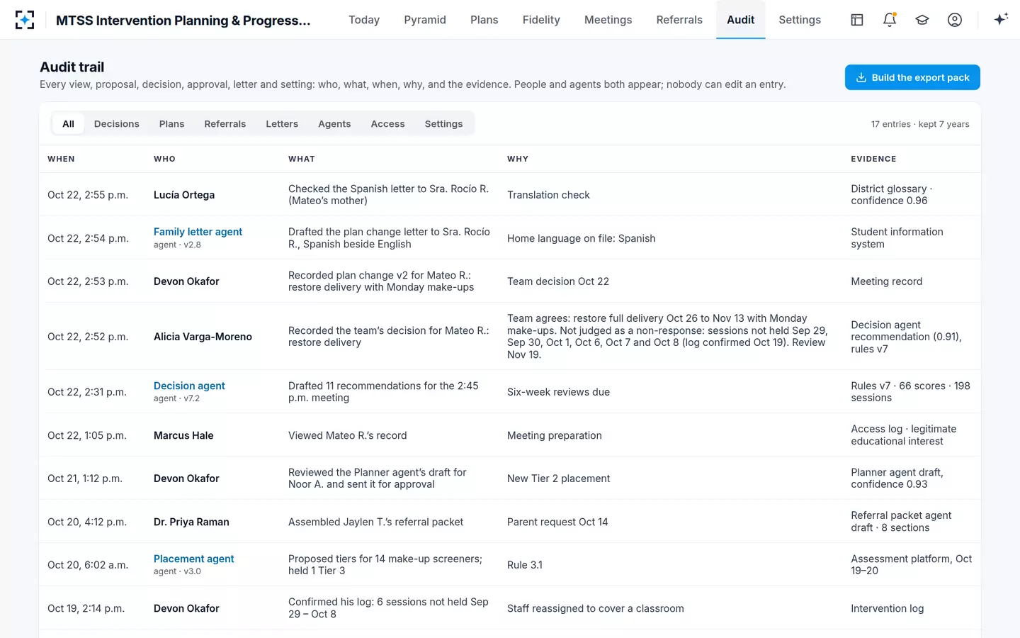 MTSS Intervention Planning & Progress Monitoring — An audit trail of people and agents, with an export pack
