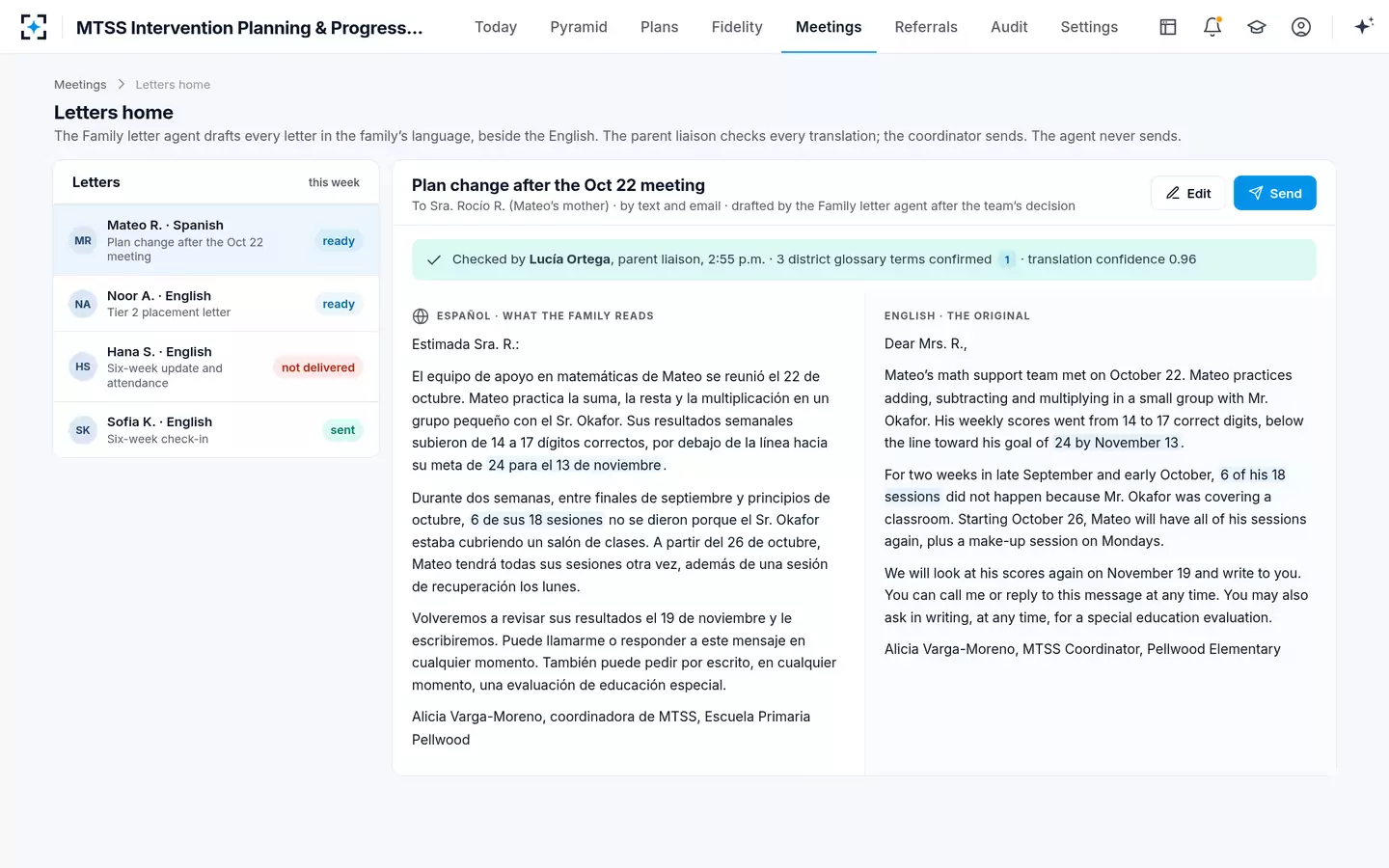 MTSS Intervention Planning & Progress Monitoring — The letter home in Spanish, beside the English