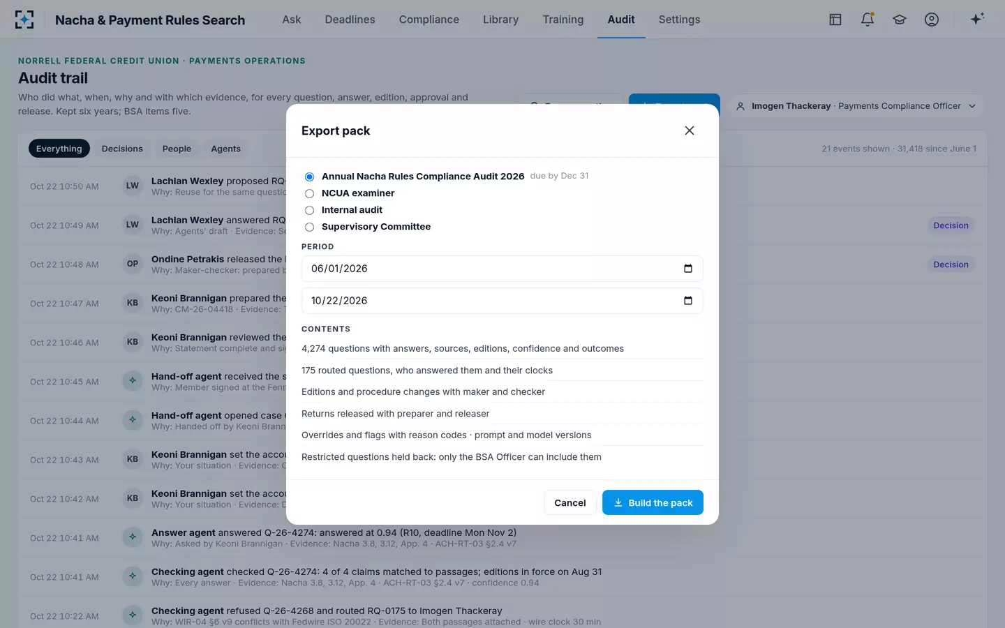 Nacha & Payment Rules Search — The audit trail and an export pack for the annual Nacha audit and NCUA examiners