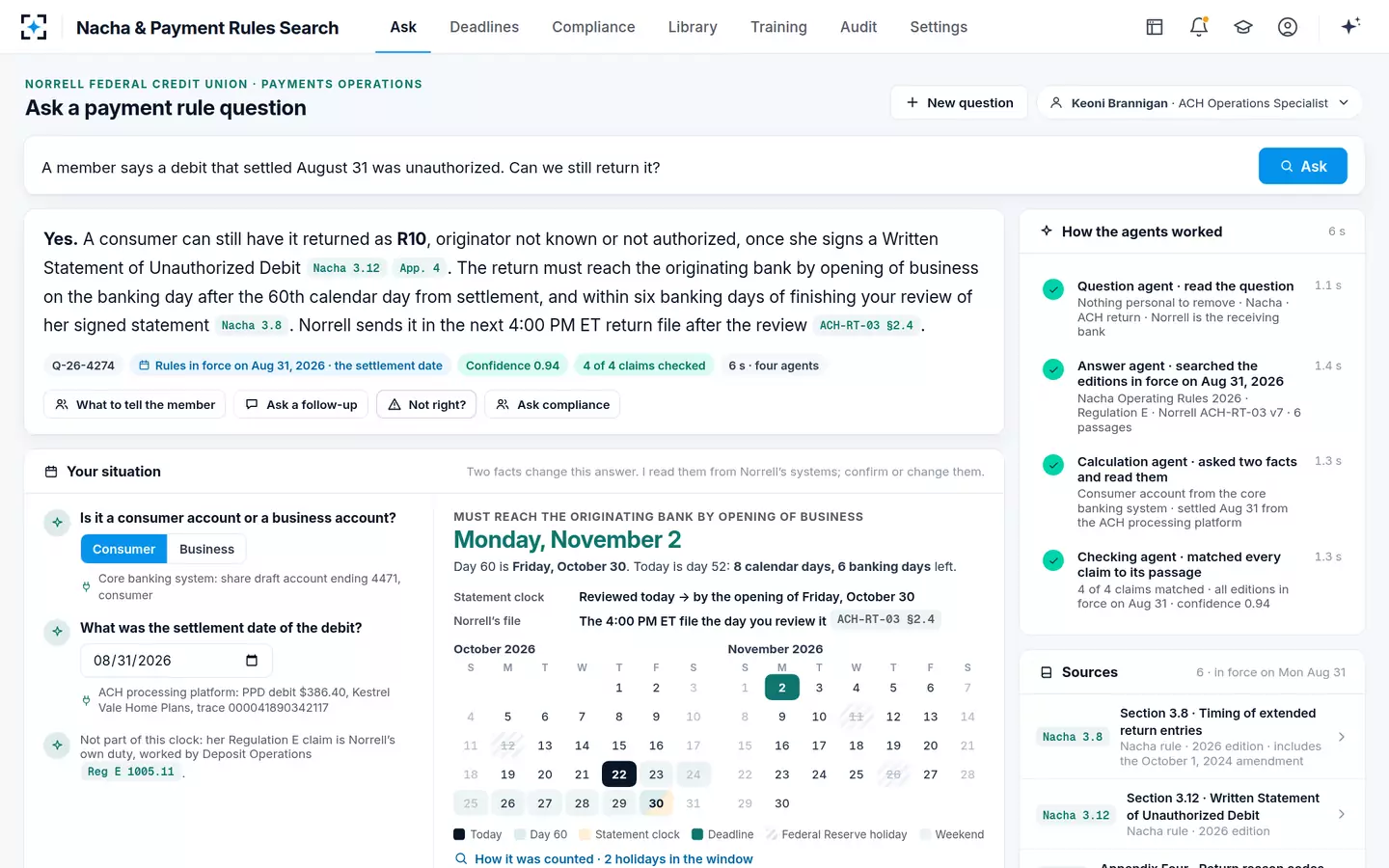 Nacha & Payment Rules Search — An unauthorized ACH debit answered in three cited sentences, with the return deadline on a calendar