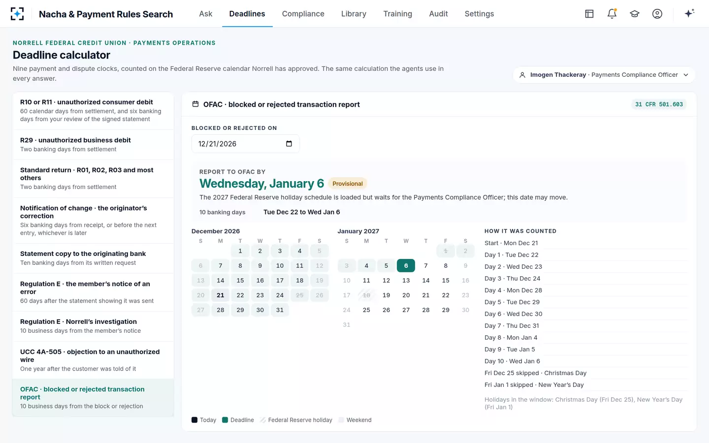 Nacha & Payment Rules Search — Nine payment and dispute clocks on the Federal Reserve calendar, with provisional dates flagged
