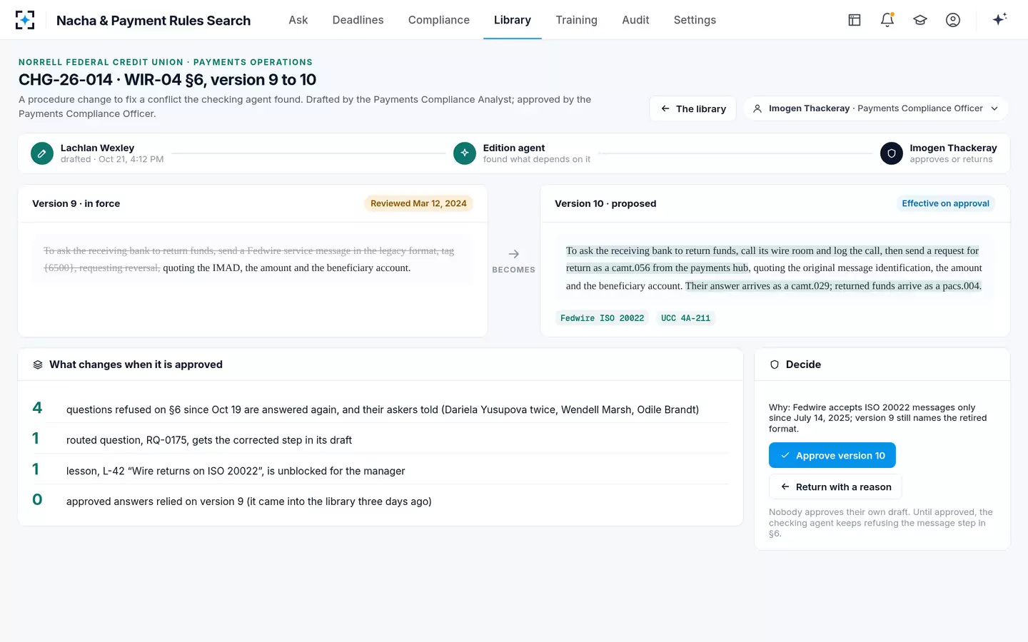 Nacha & Payment Rules Search — A procedure change shown old beside new, with its impact, its maker and its checker