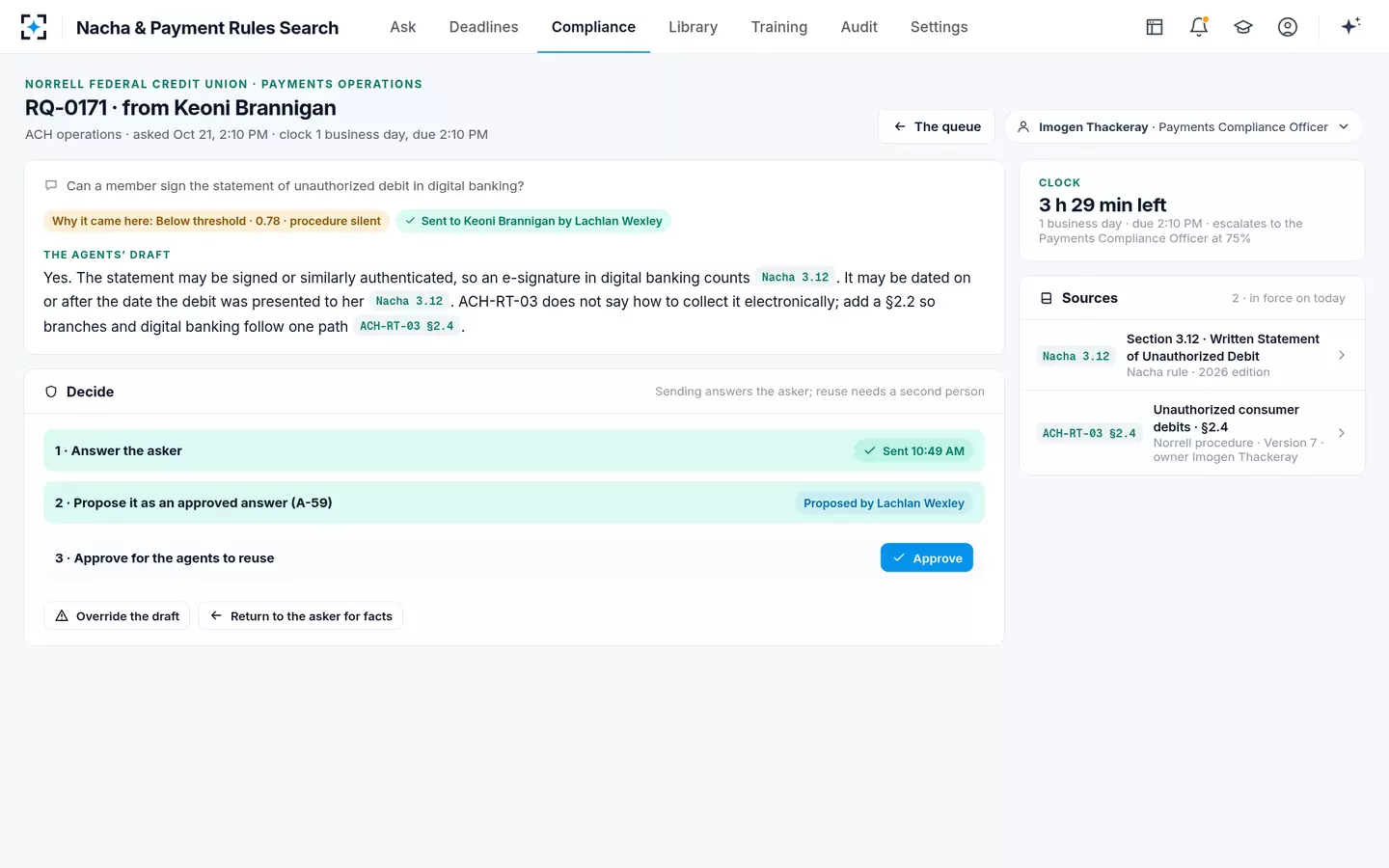 Nacha & Payment Rules Search — A routed answer sent by the analyst and approved for reuse by a second person