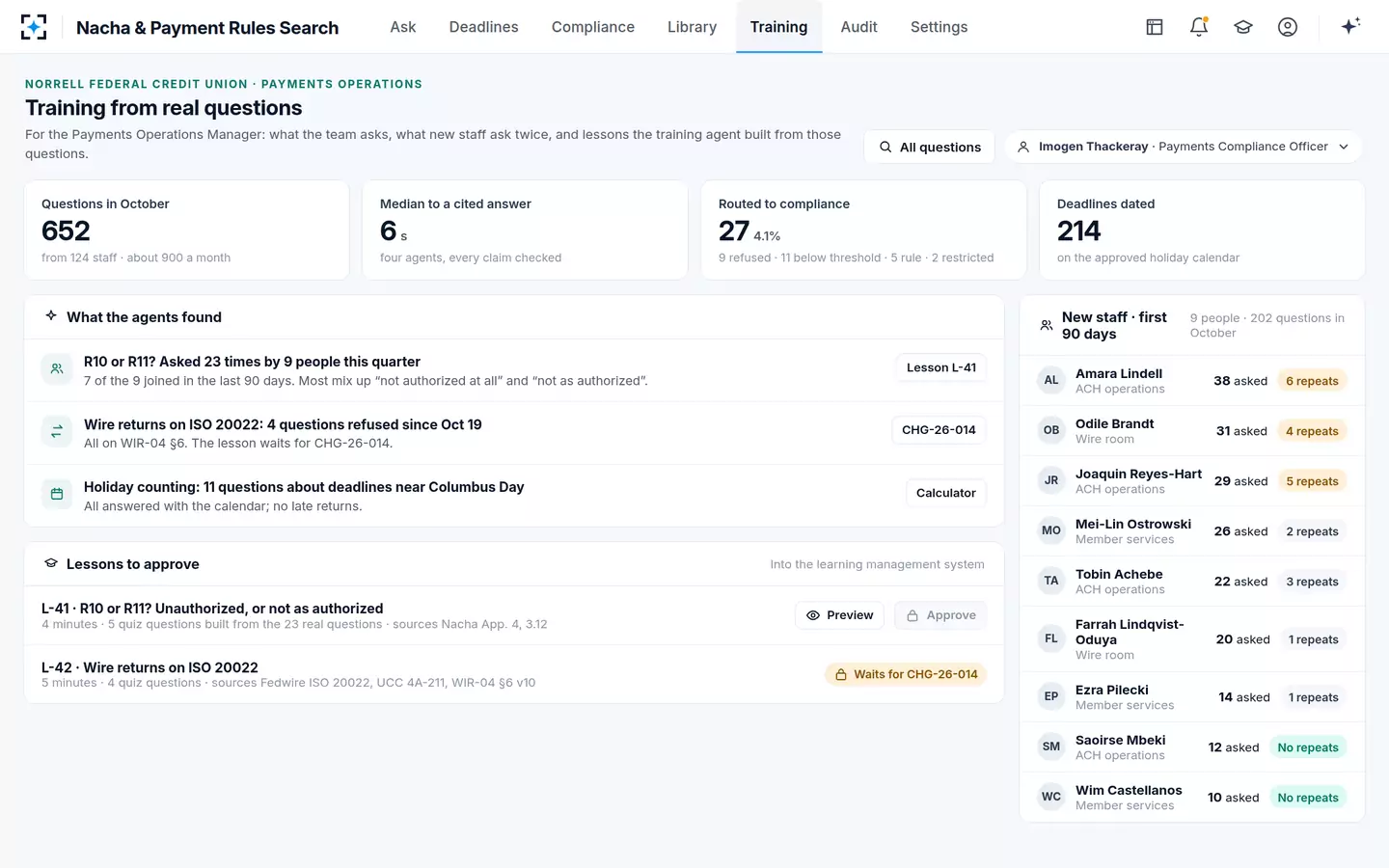 Nacha & Payment Rules Search — Training built from the questions staff actually ask, for the manager to approve