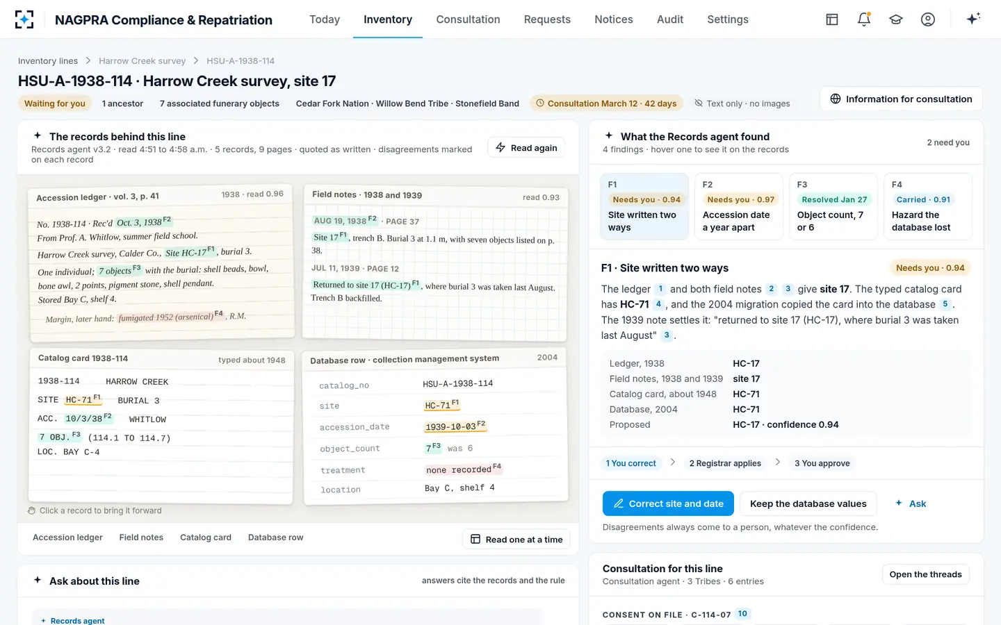 NAGPRA Compliance & Repatriation — The records behind one NAGPRA inventory line, side by side