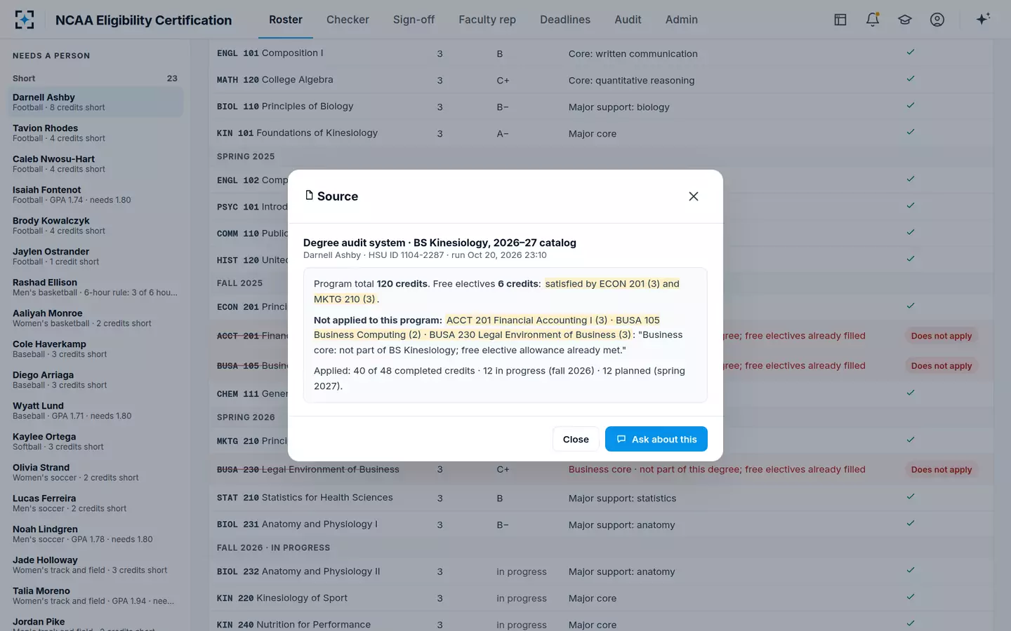 NCAA Eligibility Certification — Click any value to see the degree audit passage