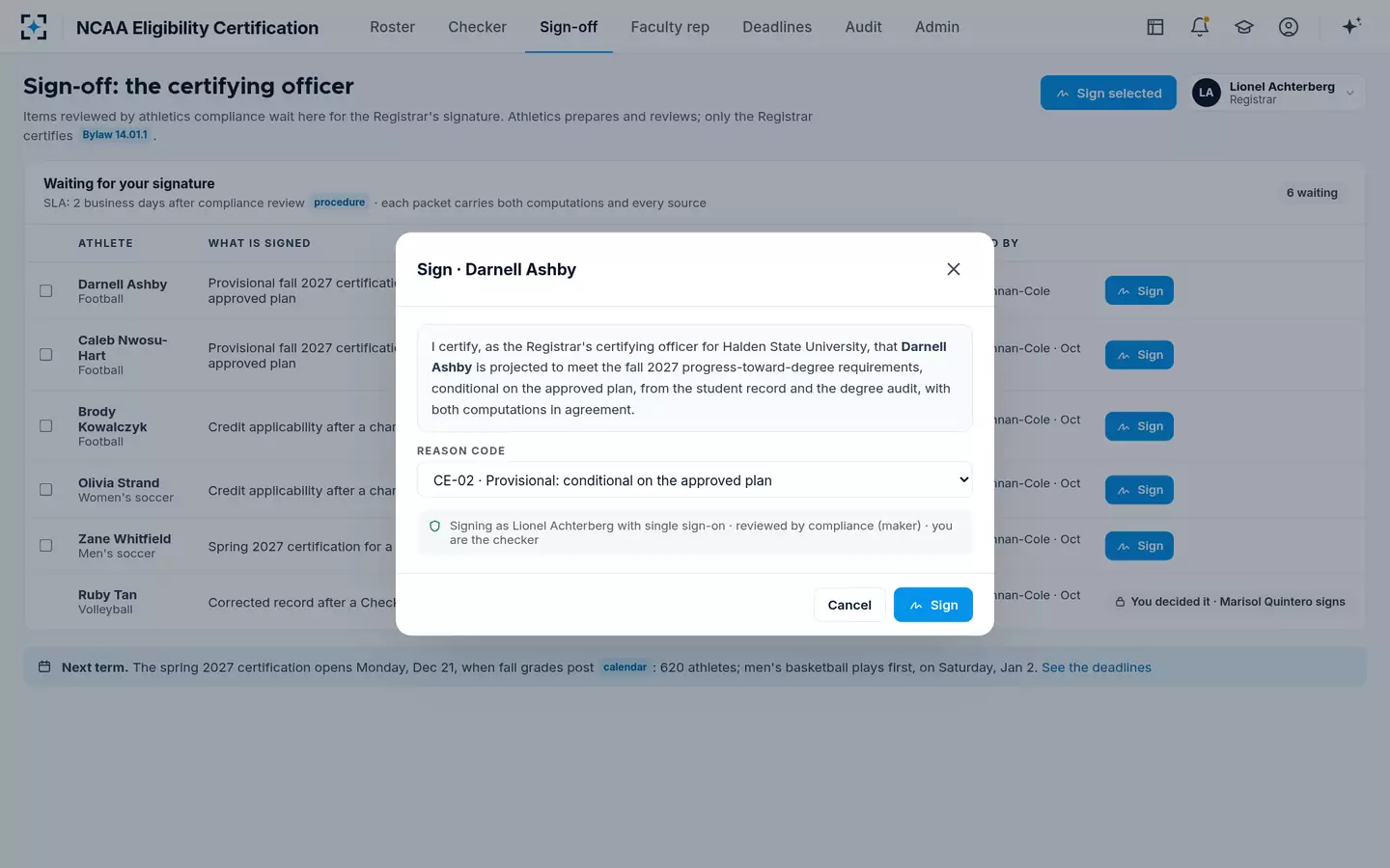 NCAA Eligibility Certification — The Registrar signs; athletics never does