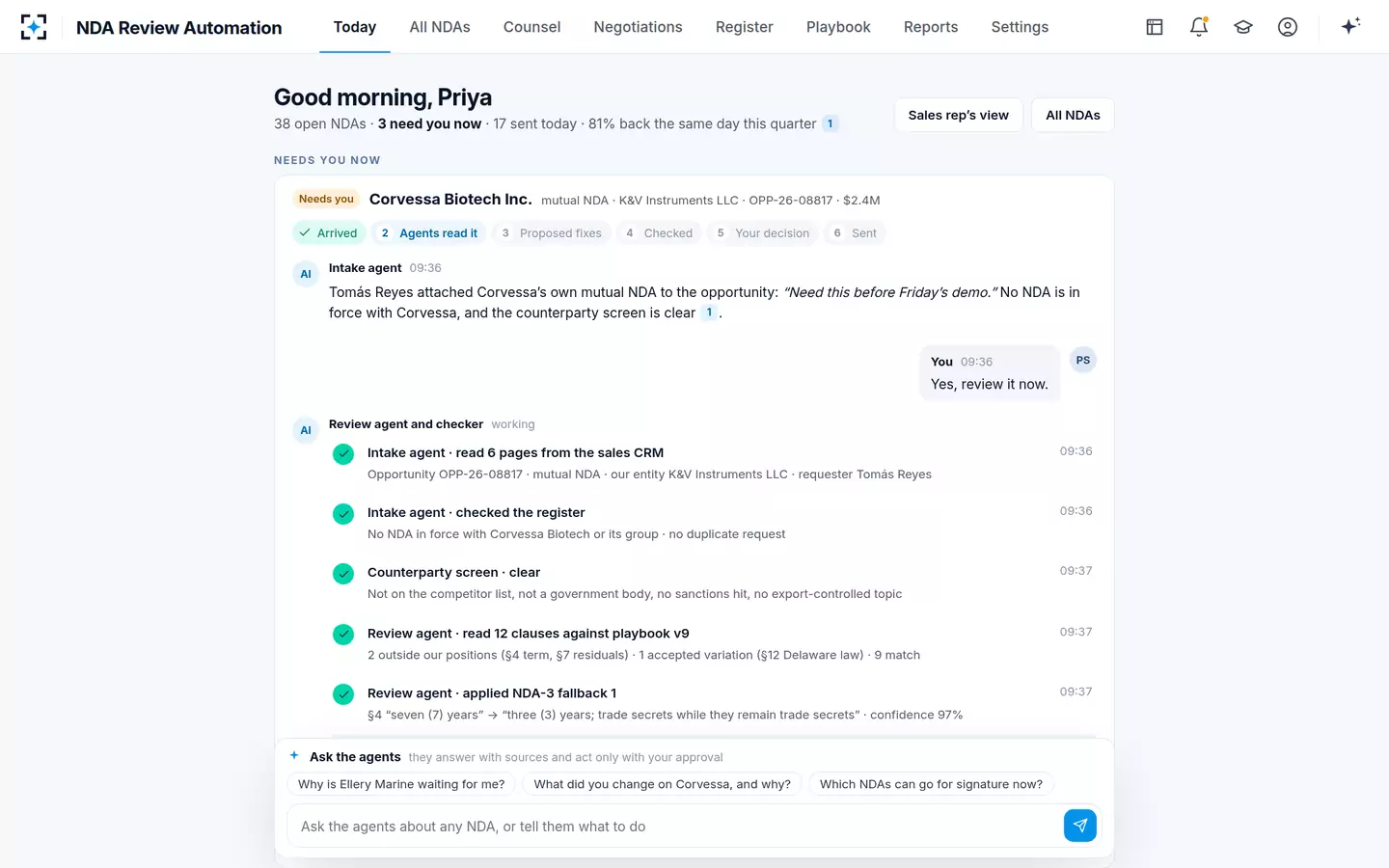 NDA Review Automation — The agents at work