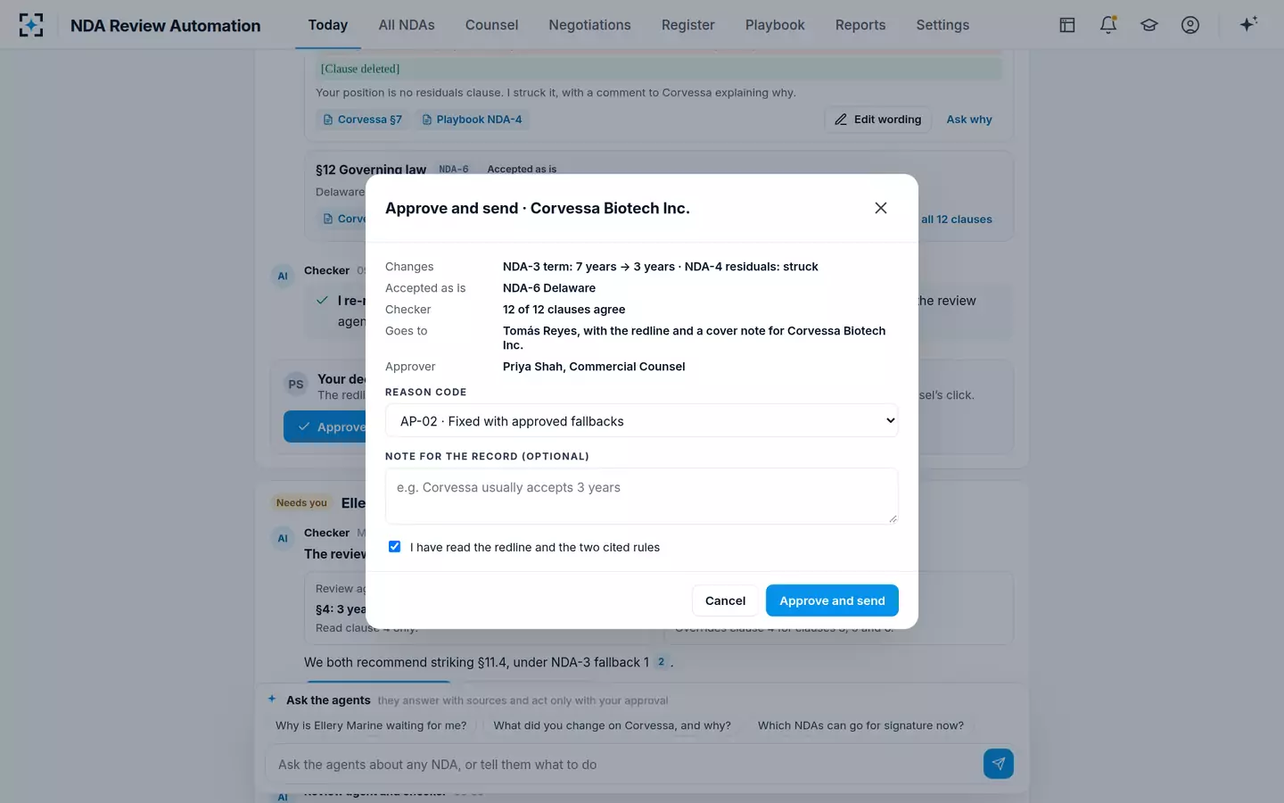 NDA Review Automation — Approve with a reason code
