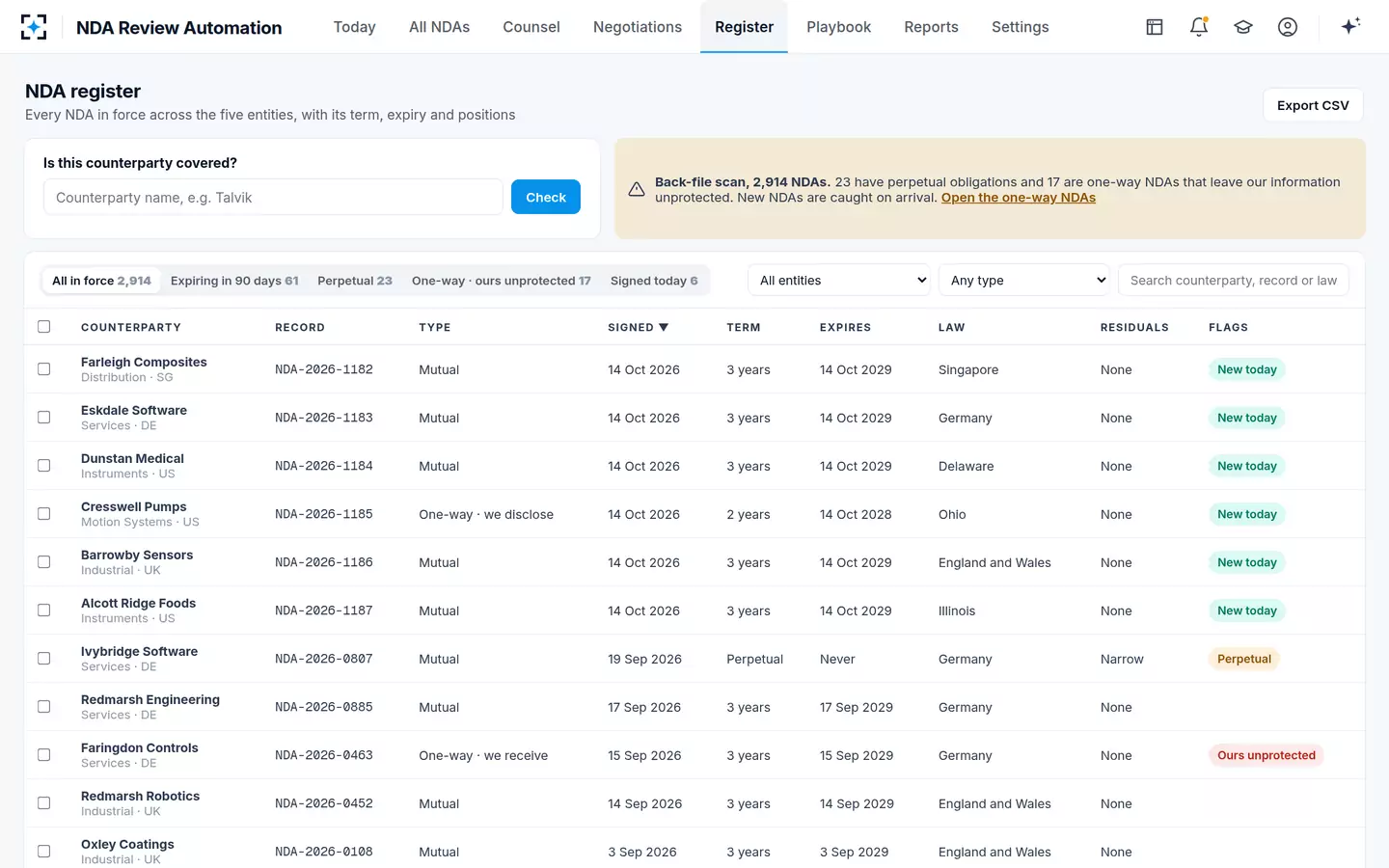 NDA Review Automation — The NDA register