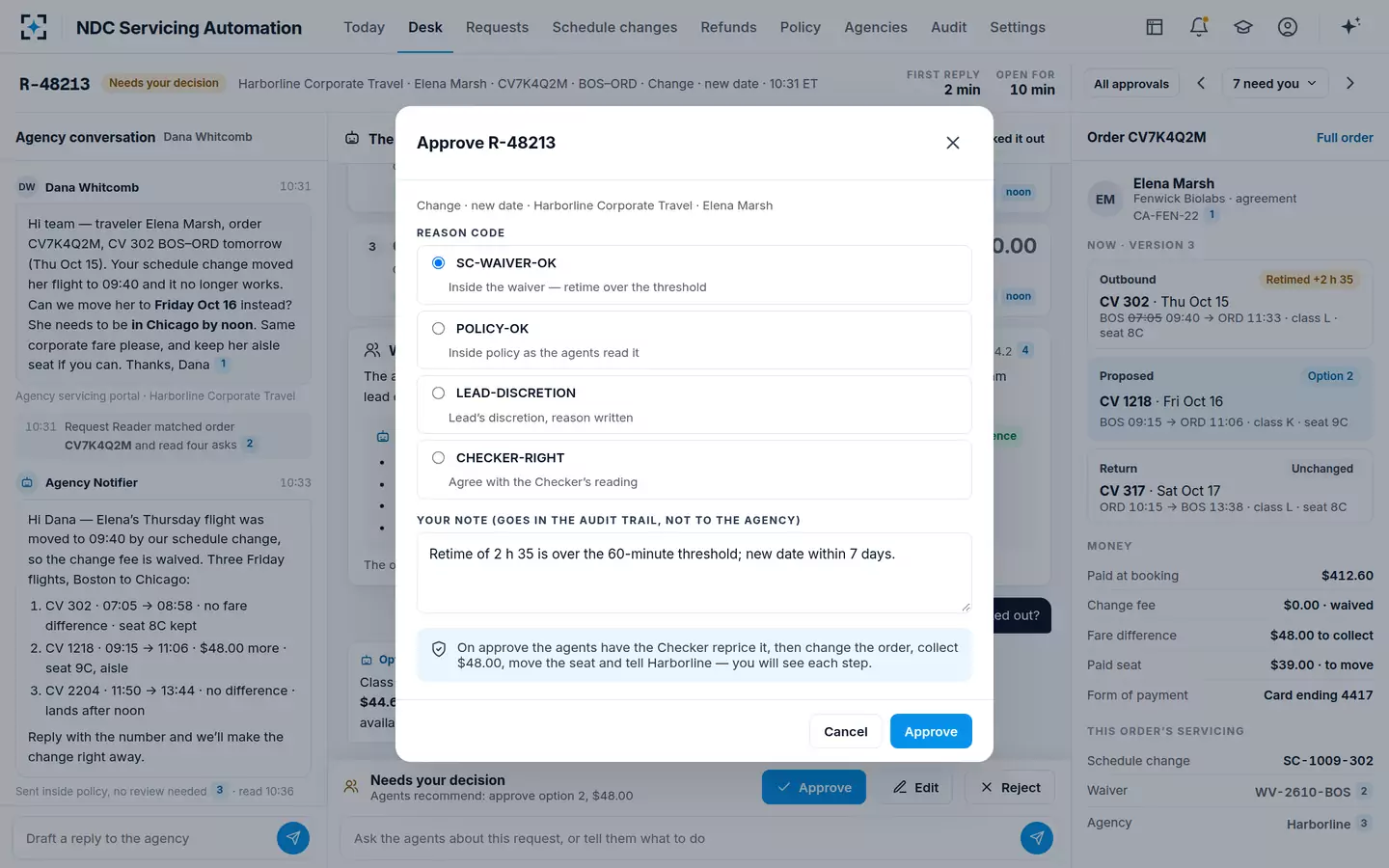 NDC Servicing Automation — Approve with a reason code