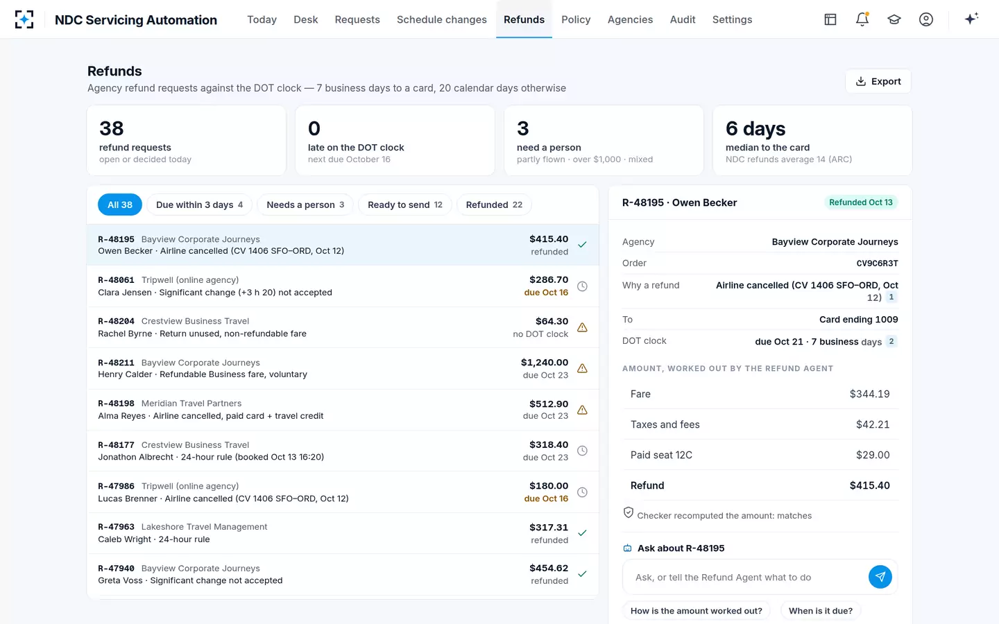 NDC Servicing Automation — Refunds on the DOT clock