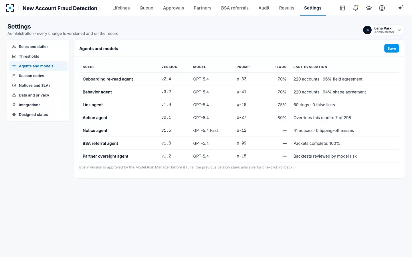 New Account Fraud Detection — Settings and agent governance