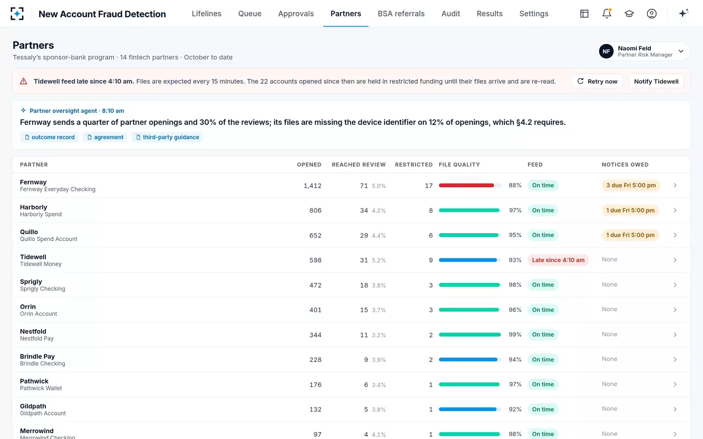 New Account Fraud Detection — Fintech partner oversight