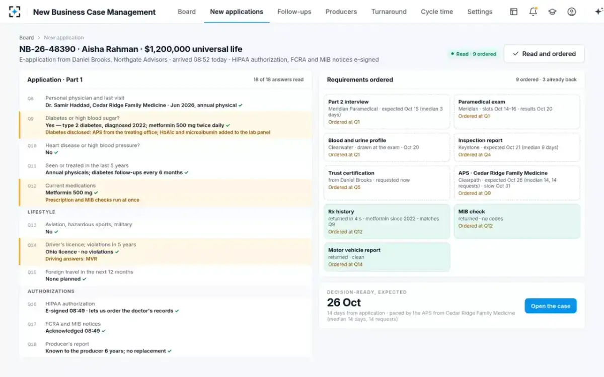 New Business Case Management — New application, read and ordered