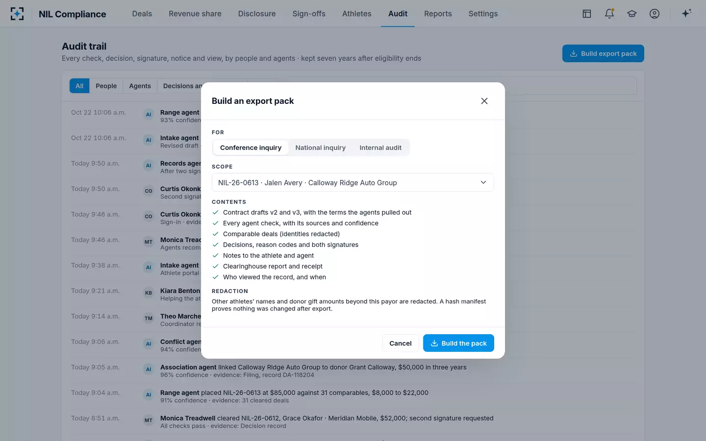 NIL Compliance — Audit trail and an export pack for any inquiry
