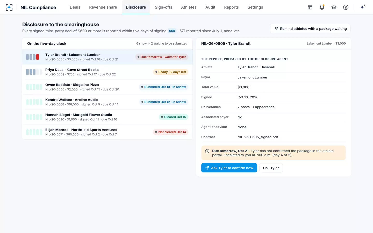 NIL Compliance — NIL disclosure: every signed deal on a five-day clock