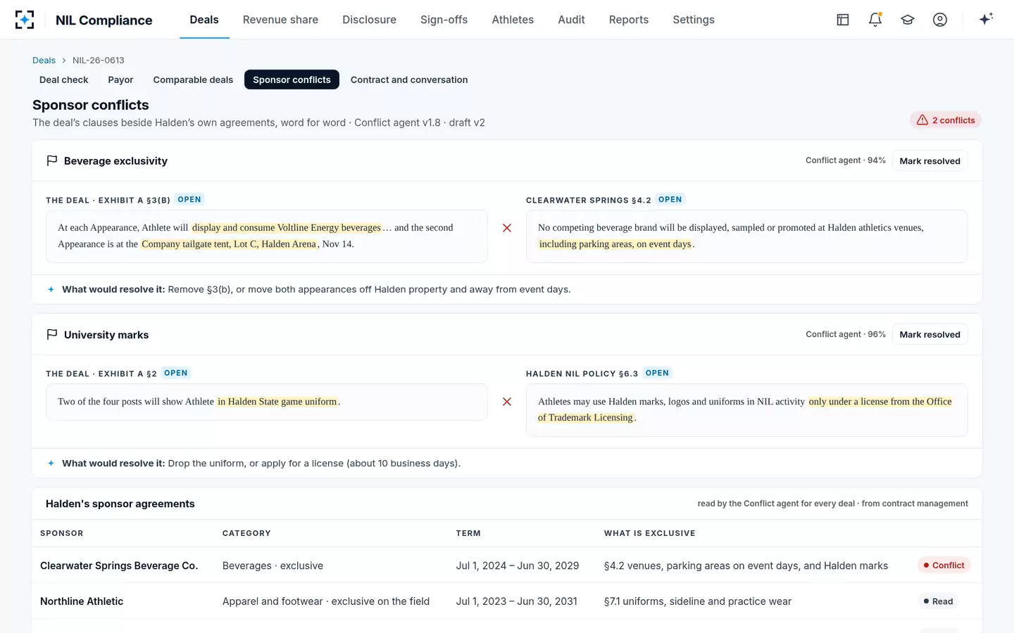 NIL Compliance — Sponsor conflicts, quoted from both contracts