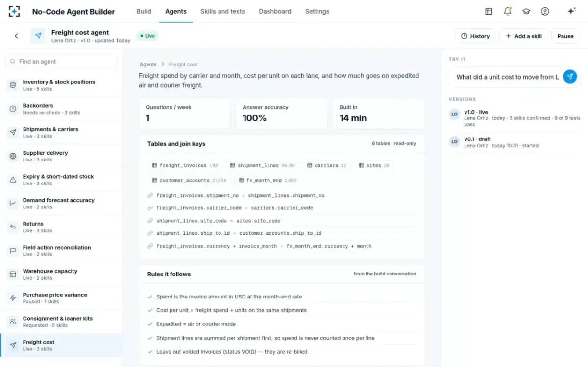 No-Code Agent Builder — One agent's page