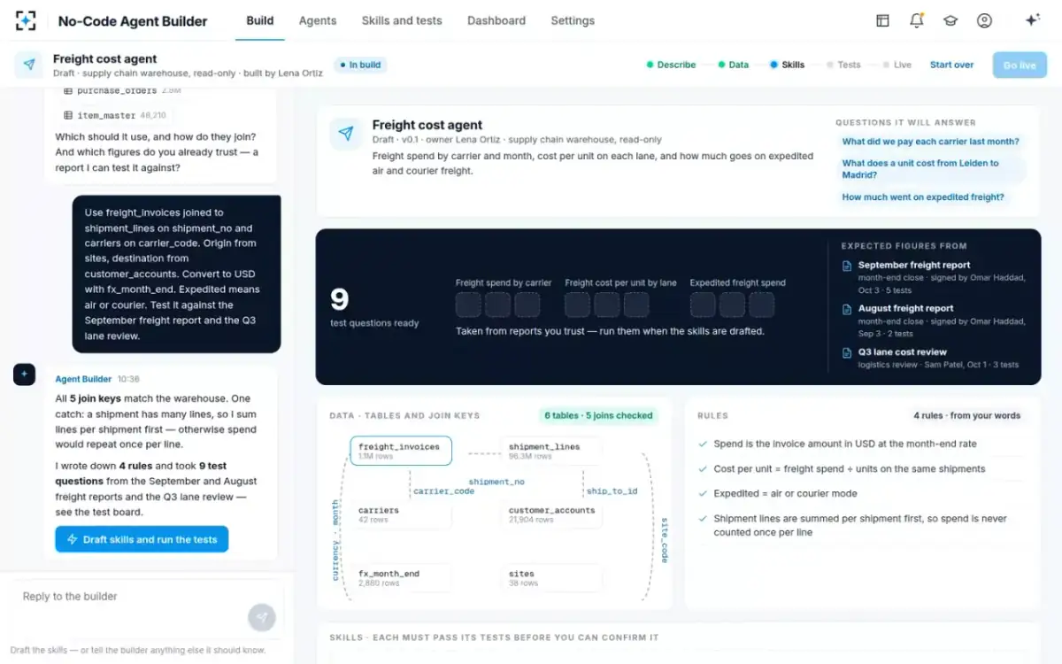 No-Code Agent Builder — Join map, rules and test board