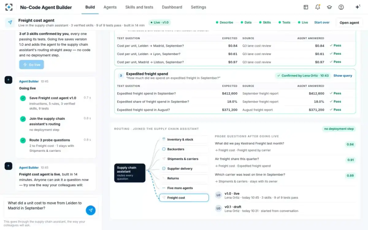 No-Code Agent Builder — Live and routed