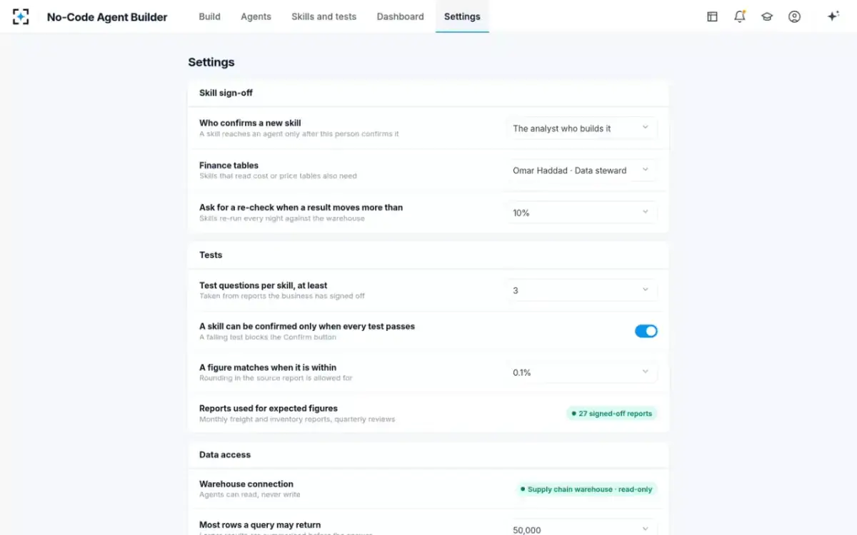 No-Code Agent Builder — Settings