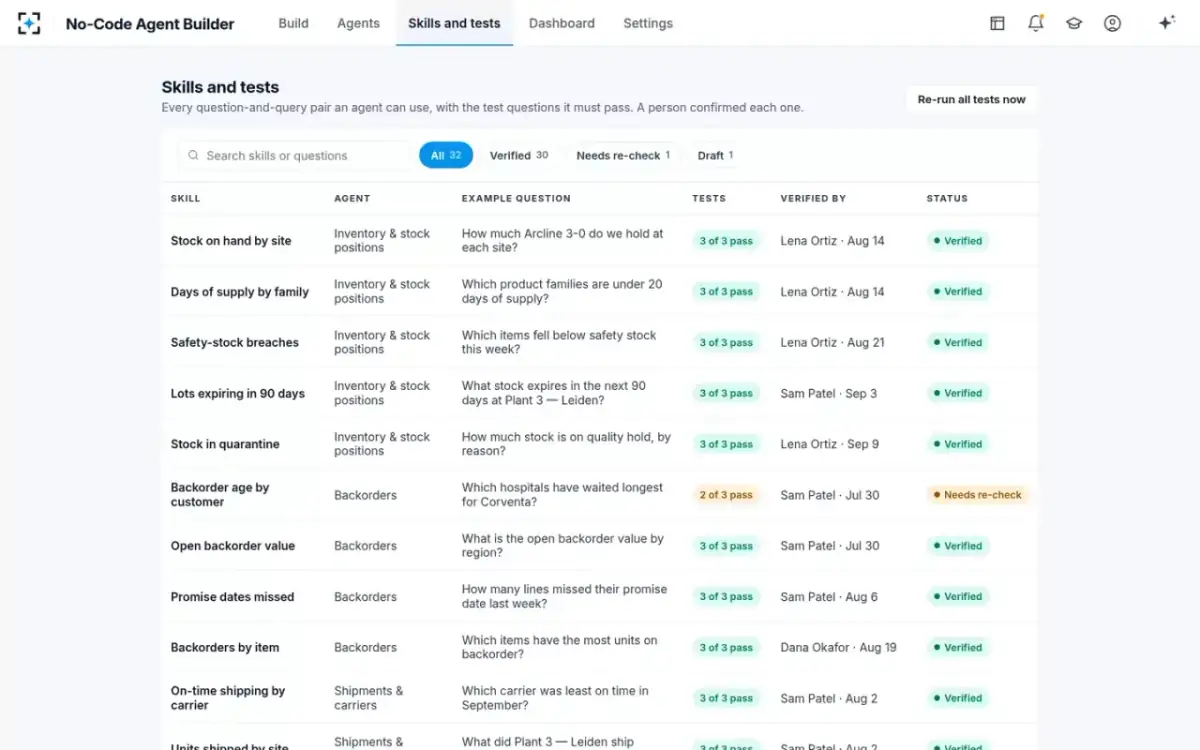 No-Code Agent Builder — Skills and tests