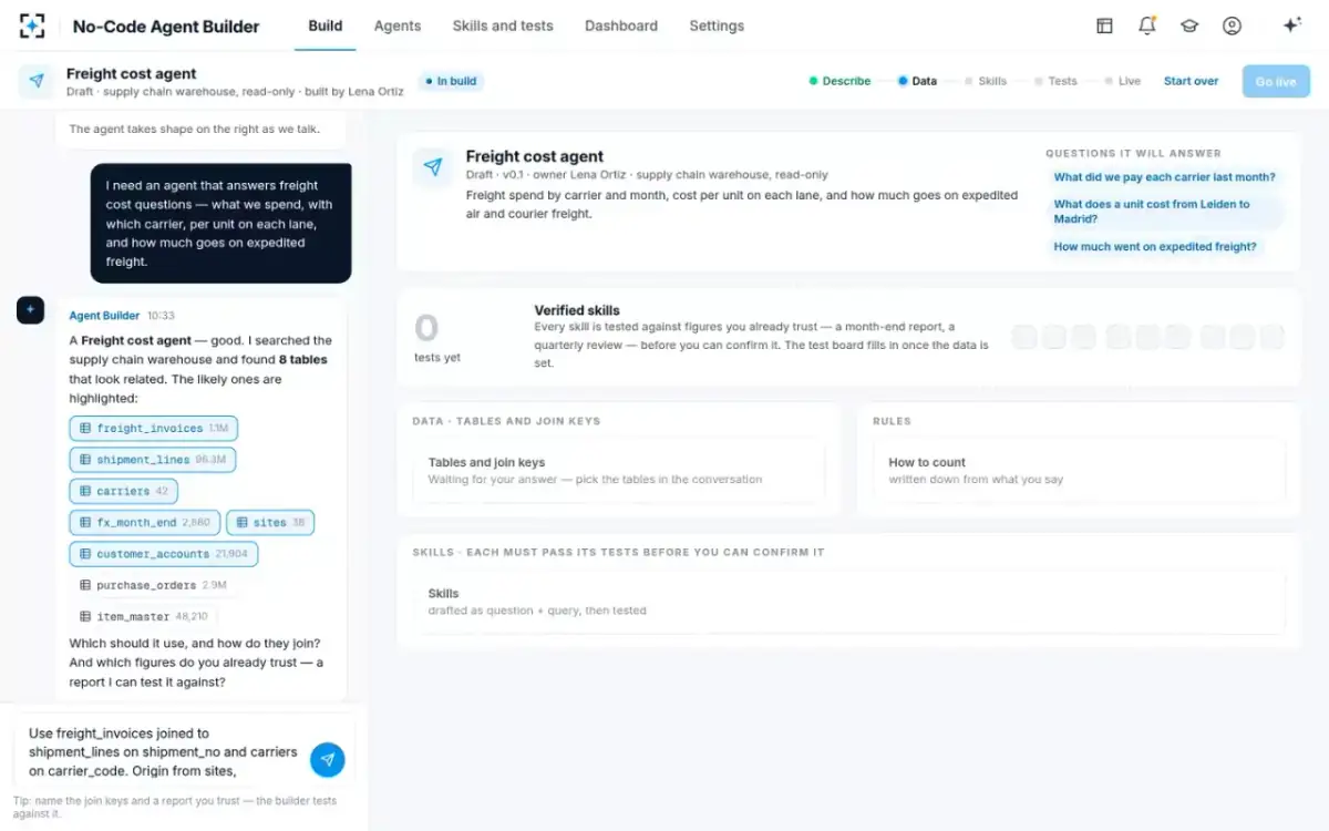 No-Code Agent Builder — Tables proposed