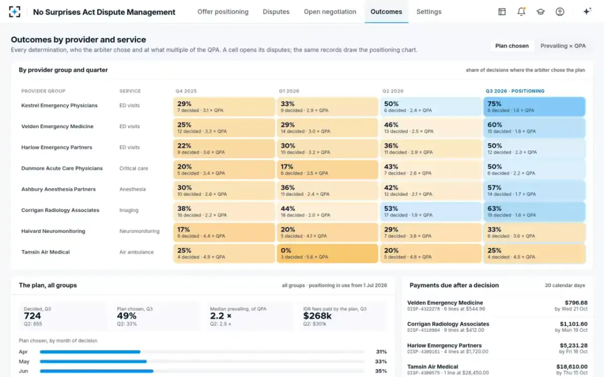 No Surprises Act Dispute Management — Outcomes by provider and service