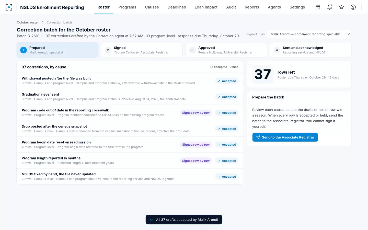 NSLDS Enrollment Reporting — The specialist prepares the correction batch