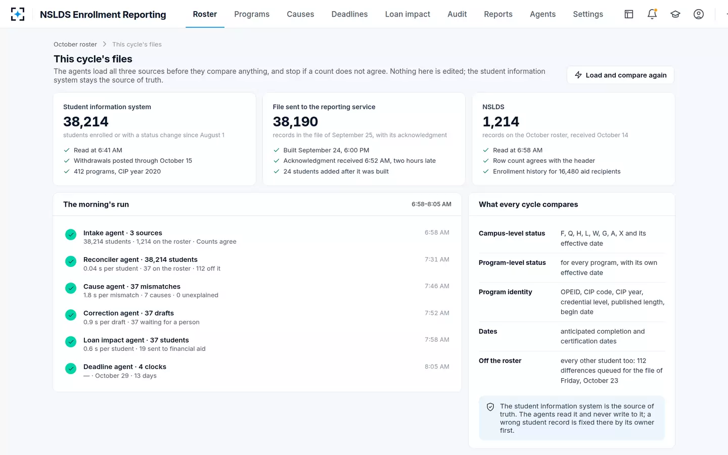 NSLDS Enrollment Reporting — Three sources loaded and counted before anything is compared